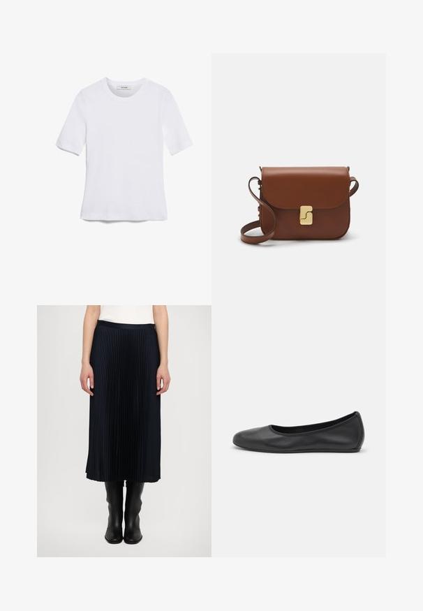 Witte korte mouwen t-shirt van ribstof. Ronde halslijn, normale pasvorm en subtiele stiksels. Geen patronen of grafische elementen.; Plissé midi-rok in donkerblauw, met een zachte tailleband en vloeiende textuur, gecombineerd met elegante zwarte enkellaarzen.; Zwarte leren ballerina met een ronde neus, gladde textuur, minimale stikdetails en een flexibele zoolontwerp.; Bruine leren handtas met een klep sluiting, gouden hardware, een schouderband en een gladde textuur. Compact rechthoekige vorm.