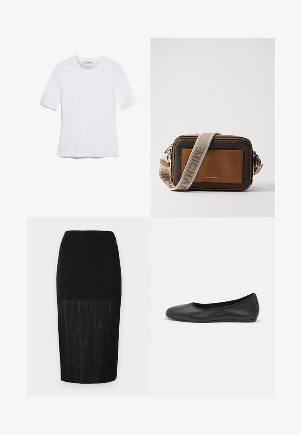 Biała koszulka krótki rękaw wykonana z materiału prążkowanego. Okrągły dekolt, regularny krój i subtelne detale szwów. Bez wzorów ani grafik.; Czarna spódnica ołówkowa z teksturowaną, prążkowaną dolną częścią, gładką górną częścią oraz elastycznym pasem dla wygodnego dopasowania.; Czarne skórzane baletki z zaokrąglonym noskiem, gładką fakturą, minimalnymi przeszyciami i elastycznym designem podeszwy.; Brązowa skórzana torebka na ramię z kanwą w monogramie, ze złotym logo, kontrastującym jasnobrązowym akcentem i tekstylnym paskiem o fakturze.