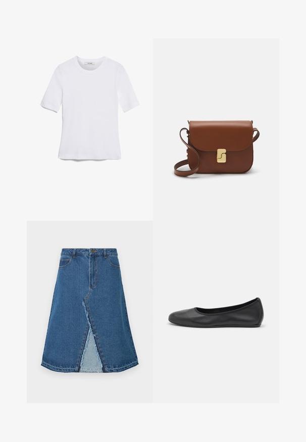 White short-sleeve t-shirt made of ribbed fabric. Round neckline, regular fit, and subtle stitching details. No patterns or graphics.; Blue denim skirt with a flared shape, featuring a front slit and frayed hem. Classic five-pocket design and metal button closure.; Black leather ballet flat with a rounded toe, smooth texture, minimal stitching detail, and a flexible sole design.; Brown leather handbag with a flap closure, gold-tone hardware, a shoulder strap, and a smooth texture. Compact rectangular shape.