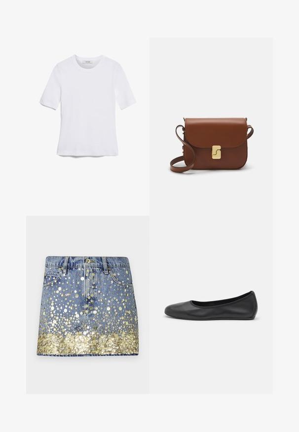 Biała koszulka krótki rękaw wykonana z materiału prążkowanego. Okrągły dekolt, regularny krój i subtelne detale szwów. Bez wzorów ani grafik.; Jeansowa spódnica w wyblakłym niebieskim kolorze, ozdobiona złotymi cekinami na dolnym brzegu, tworzącymi efekt gradientu. Pięć kieszeni z zapięciem na guzik.; Czarne skórzane baletki z zaokrąglonym noskiem, gładką fakturą, minimalnymi przeszyciami i elastycznym designem podeszwy.; Brązowa skórzana torebka na ramię z klapką, złotymi detalami, paskiem na ramię i gładką teksturą. Kompaktowy prostokątny kształt.