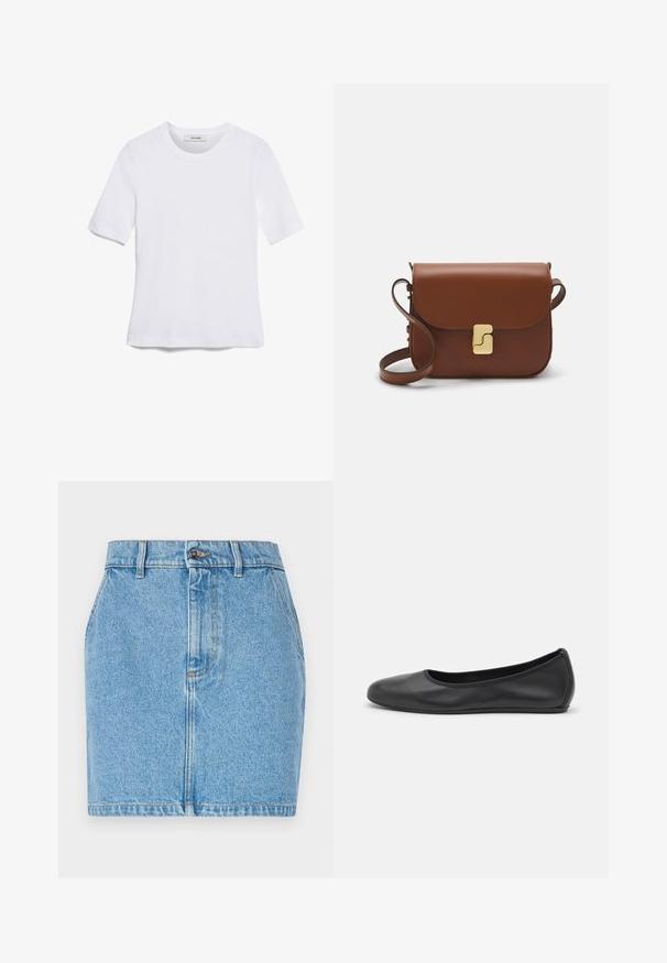 Fehér, rövid ujjú póló ribbed anyagból. Kerek nyakkivágás, normál szabás és diszkrét varrási részletek. Nincsenek minták vagy grafikák.; Világoskék farmer szoknya, testhezálló fazonnal, öt zsebes stílussal és kontrasztos varrásokkal. Az anyag texturált felülettel rendelkezik.; Fekete bőr balettcipő lekerekített orral, sima tekstúrával, minimális varrással és rugalmas talp kialakítással.; Barna bőr kézitáska, hajtókás zárással, arany színű fém kiegészítőkkel, vállpánttal és sima felülettel. Kompakt téglalap alakú.