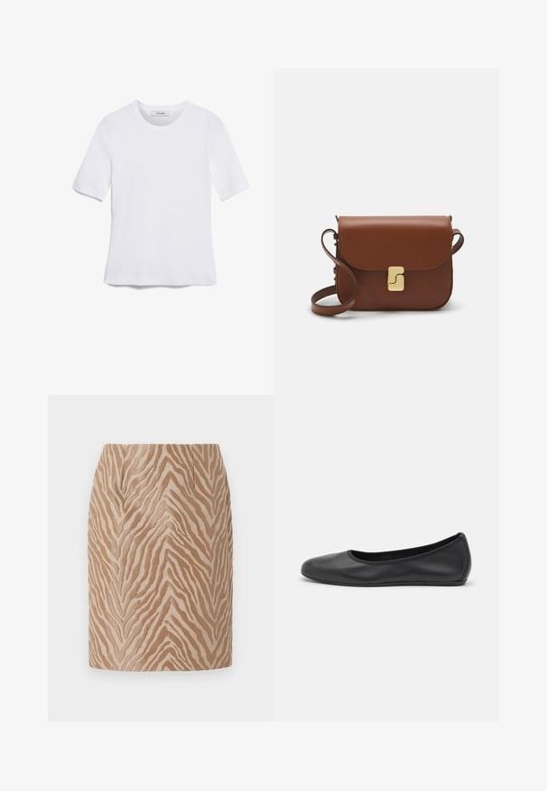 Witte korte mouwen t-shirt van ribstof. Ronde halslijn, normale pasvorm en subtiele stiksels. Geen patronen of grafische elementen.; Beige mini-jurk met een textuur van zebra-strepen in donkerdere tinten. Heeft een gladde afwerking en een op maat gemaakte ontwerp met plooien aan de voorkant.; Zwarte leren ballerina met een ronde neus, gladde textuur, minimale stikdetails en een flexibele zoolontwerp.; Bruine leren handtas met een klep sluiting, gouden hardware, een schouderband en een gladde textuur. Compact rechthoekige vorm.