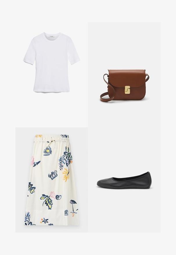 Biela krátka tričko s krátkymi rukávmi vyrobené z rebrovanej látky. Klasický okrúhly výstrih, bežný strih a jemné švy. Bez vzorov alebo grafiky.; Biela sukňa po kolená s kvetinovou a ikonografickou potlačou v modrej, ružovej a žltej farbe. Elastický pás s detailom na viazanie.; Čierne kožené baleríny s okrúhlou špičkou, hladkým povrchom, minimálnym prešívaním a flexibilným dizajnom podrážky.; Hnedá kožená kabelka s klopou, zlatými kovovými prvkami, ramenným popruhom a hladkým povrchom. Kompaktný obdĺžnikový tvar.