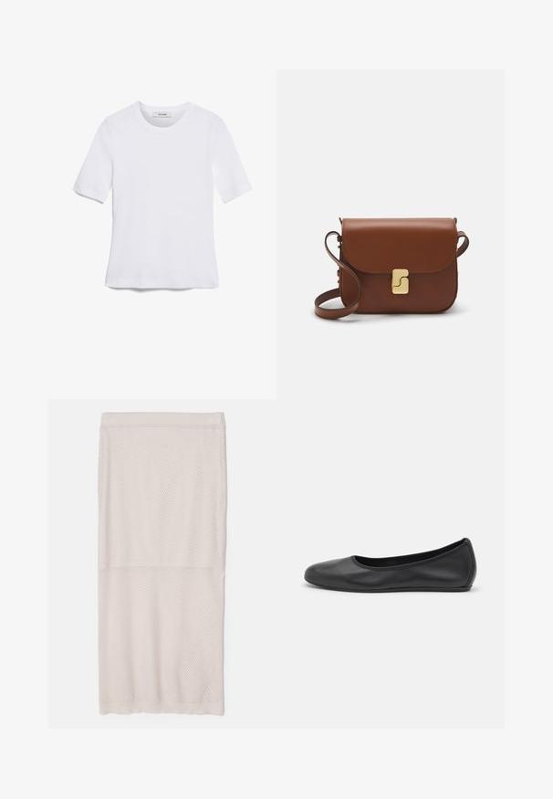 Biela krátka tričko s krátkymi rukávmi vyrobené z rebrovanej látky. Klasický okrúhly výstrih, bežný strih a jemné švy. Bez vzorov alebo grafiky.; Svetlo béžová sieťovaná sukňa vyrobená z priedušného materiálu, s rebrovaným pásom a textúrovaným vzorom po celej ploche, s rovnou siluetou.; Čierne kožené baleríny s okrúhlou špičkou, hladkým povrchom, minimálnym prešívaním a flexibilným dizajnom podrážky.; Hnedá kožená kabelka s klopou, zlatými kovovými prvkami, ramenným popruhom a hladkým povrchom. Kompaktný obdĺžnikový tvar.