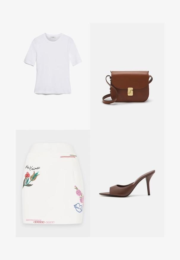 Bela kratka majica s kratkimi rokavi iz rebrastega materiala. Okrogla ovratnica, običajen kroj in subtilni šivi. Brez vzorcev ali grafik.; Bela krila z barvitim cvetličnim vezenjem v roza, rdeči in zeleni barvi. Vsebuje okrasne šive na robu in frazo "Je t'aime."; Rjave usnjene mule z odprtim prstom in visokim peto, s športnim dizajnom, ki vključuje širok sprednji trak in tanek stiletto peto.; Rjava usnjena torbica s poklopcem, zlato obarvani okovi, naramnica in gladka tekstura. Kompaktna pravokotna oblika.