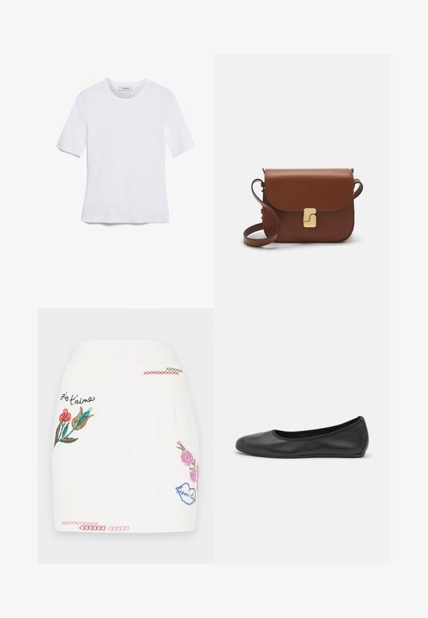 T-shirt bianca a maniche corte realizzata in tessuto a costine. Collo rotondo, vestibilità regolare e dettagli di cucitura sottili. Senza motivi o grafiche.; Gonna bianca con ricami floreali colorati in rosa, rosso e verde. Include dettagli di cucitura decorativa sull'orlo e la frase "Je t'aime."; Pantofole da balletto nere in pelle con punta arrotondata, texture liscia, dettagli di cucitura minimi e design con suola flessibile.; Borsa a tracolla in pelle marrone con chiusura a pattina, hardware color oro, tracolla e una finitura liscia. Forma rettangolare compatta.
