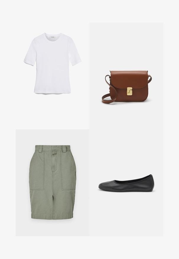 T-shirt blanc à manches courtes en tissu côtelé. Col rond, coupe régulière et détails de couture subtils. Aucune motif ni graphique.; Jupe en coton kaki avec une coupe droite, deux poches avant, une fermeture éclair et des passants de ceinture. Texture lisse avec un léger éclat.; Ballerines en cuir noir avec un bout rond, texture lisse, détails de couture minimalistes et design de semelle flexible.; Sac à main en cuir marron avec une fermeture à rabat, des accents en métal doré, une bandoulière et une texture lisse. Forme rectangulaire compacte.