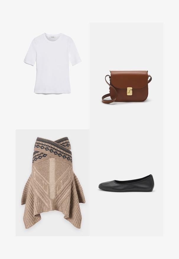 T-shirt bianca a maniche corte realizzata in tessuto a costine. Collo rotondo, vestibilità regolare e dettagli di cucitura sottili. Senza motivi o grafiche.; Poncho in maglia beige con texture a coste, design geometrico e bordo a contrasto con motivo blu scuro. Orlo asimmetrico e drappeggiato.; Pantofole da balletto nere in pelle con punta arrotondata, texture liscia, dettagli di cucitura minimi e design con suola flessibile.; Borsa a tracolla in pelle marrone con chiusura a pattina, hardware color oro, tracolla e una finitura liscia. Forma rettangolare compatta.