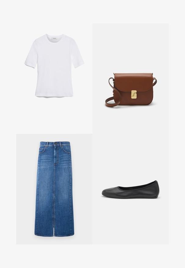 Vit kortärmad t-shirt i ribbat tyg. Rund halsringning, normal passform och diskreta sömdetaljer. Inga mönster eller tryck.; Denim-midi kjol i blått, med en mitt fram slits, standard midjeband med knäppning och två framfickor.; Svart läderballerinaskor med rund tå, slät yta, minimala söm detaljer och en flexibel sula.; Brun läderhandväska med klaffstängning, guldfärgad hårdvara, axelrem och en slät yta. Kompakt rektangulär form.