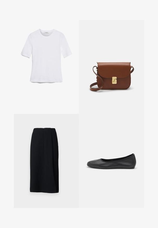 Weißes kurzärmliges T-Shirt aus geripptem Stoff. Runder Halsausschnitt, normale Passform und dezente Nähte. Keine Muster oder Grafiken.; WEEKEND MaxMara DEBORAH - Bleistiftrock - nero; Schwarze Leder-Ballettschuhe mit abgerundeter Spitze, glatter Textur, minimalen Nähdetails und einem flexiblen Sohlen-Design.; Braune Ledertasche mit Klappenverschluss, Beschlägen in Goldfarbe, einem Schultergurt und einer glatten Oberfläche. Kompakte rechteckige Form.