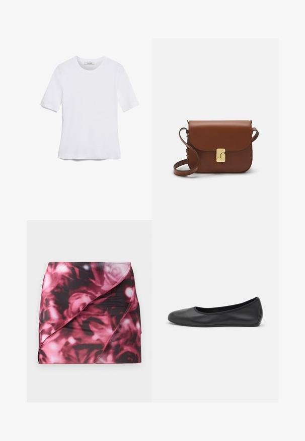T-shirt de manga curta branca feita de tecido canelado. Decote redondo, ajuste regular e detalhes de costura subtis. Sem padrões ou gráficos.; Saia curta e justa com padrão floral preto e rosa. Feita de material liso e elástico com um design de envoltório diagonal e barra costurada.; Bailarina preta em pele com bico arredondado, textura suave, detalhe de costura minimalista e design de sola flexível.; Bolsa de couro castanho com fecho de aba, decoração em tom dourado, alça de ombro e textura suave. Formato retangular compacto.