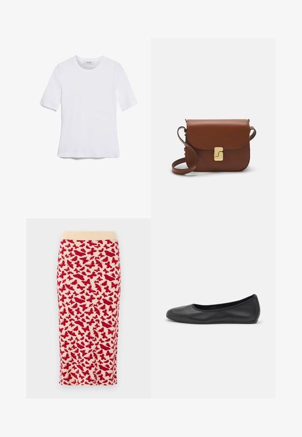 Bijela majica s kratkim rukavima izrađena od rebraste tkanine. Okrugli izrez, klasičan kroj i suptilni detalji šivanja. Bez uzoraka ili grafika.; Suknja do koljena u obliku olovke s krem pozadinom i crvenim uzorkom leptira. Mekani materijal s pripijenim oblikom i elastičnom trakom u struku.; Crne kožne baletanke s zaobljenim vrhom, glatke teksture, minimalnim detaljima šavova i fleksibilnim dizajnom potplata.; Smeđa kožna torba s preklopom, zlatnim detaljima, remenom za nošenje preko ramena i glatkom teksturom. Kompaktni pravokutni oblik.