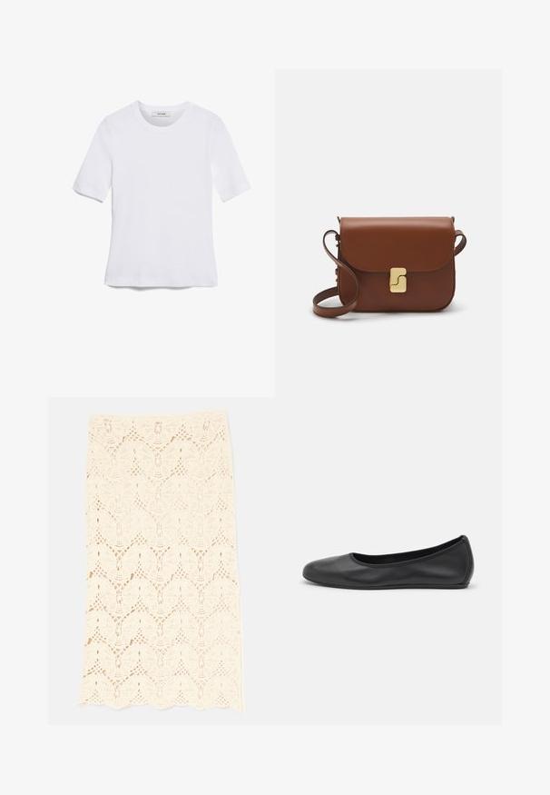 Valkoinen lyhythihainen t-paita, joka on valmistettu ribbytedusta kankaasta. Pyöreä pääntiie, normaali istuvuus ja hienovaraiset ompeluyksityiskohdat. Ei kuvioita tai grafiikkaa.; Kermittävärinen pitsihame, jossa on perhoskuvio, laineellinen helma ja monimutkainen avointyömuotoilu kauttaaltaan.; Musta nahkainen ballerina, jossa on pyöristetty kärki, sileä pinta, minimaalinen ommelkoristelu ja joustava pohjamuotoilu.; Ruskea nahkainen käsilaukku, jossa on läppäkiinnitys, kultasävyiset yksityiskohdat, olkahihna ja sileä pinta. Kompaktin suorakaiteen muotoinen.