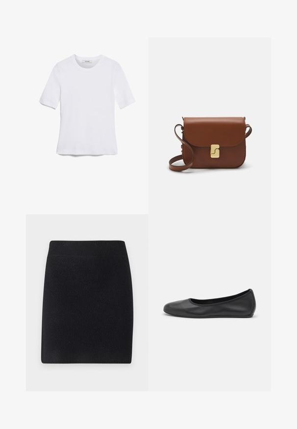 Valge lühikeste varrukatega T-särk ribatud kangast. Ümara kaelusega, tavalisest sobivusest ja peente õmbluse detailidega. Ilma mustrite või graafikateta.; Mustast kootud seelik sirge lõikega. Omab laia soonikööri ja tekstureeritud viimistlust, sobib igapäevaseks kandmiseks.; Musthave mustika tantsutossud mustast nahast, ümmarguse varbaga, siledast tekstuurist, minimaalse õmblusdetailiga ja paindliku tallakujundusega.; Pruunist nahast käekott, millel on klapiga sulgur, kuldne riistvara, õlarihm ja sile tekstuur. Kompaktne ristkülikukujuline vorm.