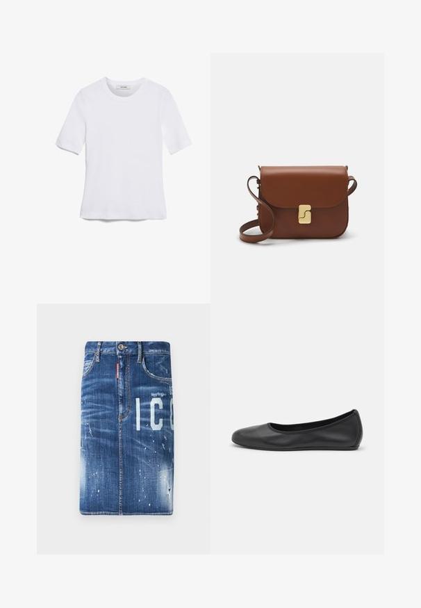 Valge lühikeste varrukatega T-särk ribatud kangast. Ümara kaelusega, tavalisest sobivusest ja peente õmbluse detailidega. Ilma mustrite või graafikateta.; Tumedast sinelist denimpõlvik, millel on kulumise detailid, heledad pleekinud laigud ja trükitud kiri. Omab tavalist vöökohta ja lukuga sulgemist.; Musthave mustika tantsutossud mustast nahast, ümmarguse varbaga, siledast tekstuurist, minimaalse õmblusdetailiga ja paindliku tallakujundusega.; Pruunist nahast käekott, millel on klapiga sulgur, kuldne riistvara, õlarihm ja sile tekstuur. Kompaktne ristkülikukujuline vorm.