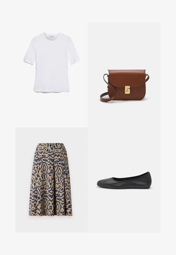 Bílá tričko s krátkým rukávem vyrobené z žebrované tkaniny. Kulatý výstřih, normální střih a jemné detaily šití. Bez vzorů nebo grafik.; Sukně ke kolenům s geometrickým vzorem v námořnické modři a béžové barvě, s plisováním a hladkou texturou.; Černé kožené baletní byty s kulatou špičkou, hladkou texturou, minimálními švy a flexibilním designem podrážky.; Hnědá kožená kabelka s klopou, zlatými kovovými detaily, ramenním popruhem a hladkým povrchem. Kompaktní obdélníkový tvar.