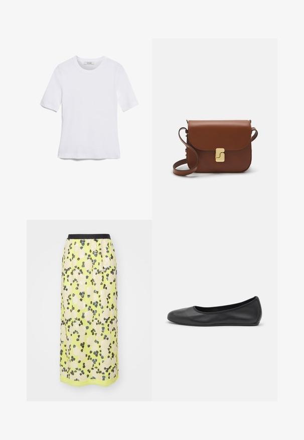 Tricou alb cu mânecă scurtă, confectionat dintr-un material texturat. Gât rotund, tăietură regulară și detalii subtile de cusătură. Fără modele sau grafice.; MUNTHE OMI - Fustă tip creion - lemon; Balerini din piele neagră, cu vârf rotund, textură netedă, detalii de cusătură minimale și un design al tălpii flexibil.; Geantă de piele maro cu închidere tip capac, accesorii de culoare aurie, curea de umăr și o textură netedă. Formă compactă și rectangulară.