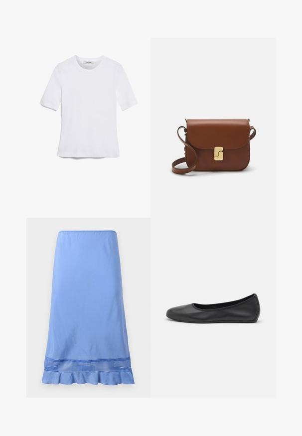 Weißes kurzärmliges T-Shirt aus geripptem Stoff. Runder Halsausschnitt, normale Passform und dezente Nähte. Keine Muster oder Grafiken.; Helle blaue, knielange Skirt aus glattem Stoff, mit einem gerafften Saum und einem Netzakzent nahe dem Saum. Einfaches Pull-On-Design.; Schwarze Leder-Ballettschuhe mit abgerundeter Spitze, glatter Textur, minimalen Nähdetails und einem flexiblen Sohlen-Design.; Braune Ledertasche mit Klappenverschluss, Beschlägen in Goldfarbe, einem Schultergurt und einer glatten Oberfläche. Kompakte rechteckige Form.