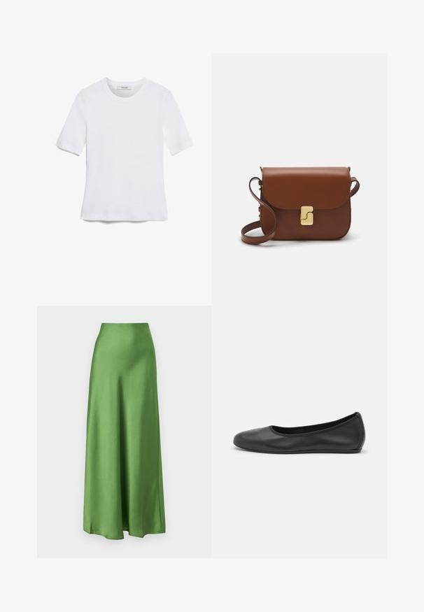 Camiseta de manga corta blanca hecha de tela de canalé. Cuello redondo, corte regular y detalles de costura sutiles. Sin patrones ni gráficos.; Falda larga de satén verde con una cinta en la cintura alta, silueta fluida, abertura lateral y textura suave. Apta para diversas ocasiones.; Bailarina de piel negra con punta redondeada, textura suave, detalle de costura minimalista y diseño de suela flexible.; Bolso de mano de cuero marrón con cierre de solapa, herrajes en tono dorado, correa para el hombro y una textura suave. Forma rectangular compacta.