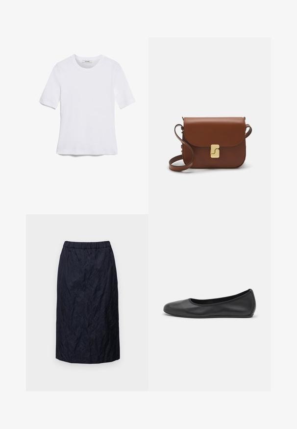 Balta trumpa rankovėmis marškinėliai, pagaminti iš pasiruošusio audinio. Apvali iškirptė, reguliari tinkamumas ir subtilūs siuvimo detalės. Be raštų ar grafikos.; Tamsiai mėlynas pieštuko sijonas, pagamintas iš raukšlėto audinio, turintis elastinę juosmenį, iki kelių ilgio ir zefyrinio tekstūros.; Juodai odiniai baletai su apvaliu pirštu, lygi texture, minimalus siuvimo detales ir lanksčiu padų dizainu.; Ruda odinė rankinė su uždaromu dangteliu, aukso spalvos detalėmis, petneša ir lygiu paviršiumi. Kompaktiška stačiakampio formos.