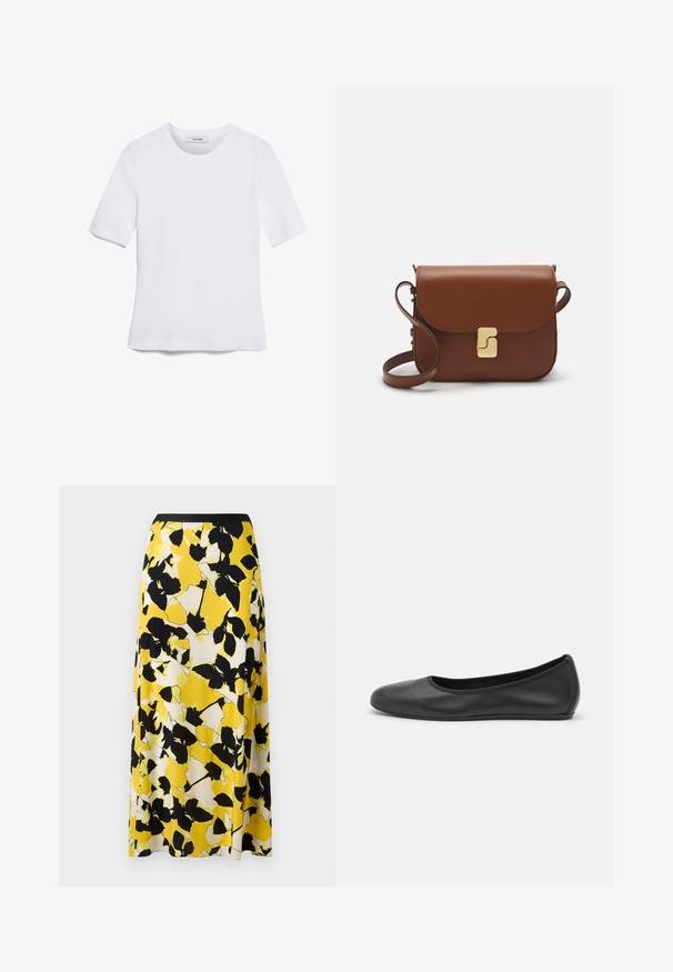 Balta trumpa rankovėmis marškinėliai, pagaminti iš pasiruošusio audinio. Apvali iškirptė, reguliari tinkamumas ir subtilūs siuvimo detalės. Be raštų ar grafikos.; Geltona gėlių sijonas su juodais ir baltais lapų raštais, plaukiantis audinys ir prigludusi juoda liemens juosta. A-formos siluetas.; Juodai odiniai baletai su apvaliu pirštu, lygi texture, minimalus siuvimo detales ir lanksčiu padų dizainu.; Ruda odinė rankinė su uždaromu dangteliu, aukso spalvos detalėmis, petneša ir lygiu paviršiumi. Kompaktiška stačiakampio formos.