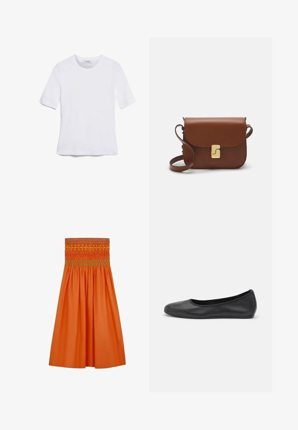 T-shirt blanc à manches courtes en tissu côtelé. Col rond, coupe régulière et détails de couture subtils. Aucune motif ni graphique.; Jupe en coton orange avec taille smockée, ornée de coutures multicolores. Design évasé avec une texture douce, longueur au genou.; Ballerines en cuir noir avec un bout rond, texture lisse, détails de couture minimalistes et design de semelle flexible.; Sac à main en cuir marron avec une fermeture à rabat, des accents en métal doré, une bandoulière et une texture lisse. Forme rectangulaire compacte.