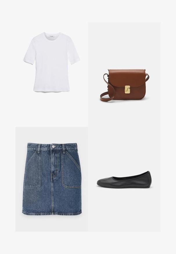 T-shirt de manga curta branca feita de tecido canelado. Decote redondo, ajuste regular e detalhes de costura subtis. Sem padrões ou gráficos.; Saia de ganga em um tom azul médio, com bolsos frontais, passantes para cinto e um corte reto com uma barra ligeiramente curva.; Bailarina preta em pele com bico arredondado, textura suave, detalhe de costura minimalista e design de sola flexível.; Bolsa de couro castanho com fecho de aba, decoração em tom dourado, alça de ombro e textura suave. Formato retangular compacto.