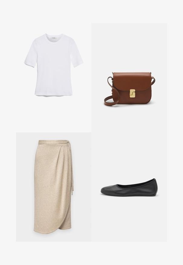 Tricou alb cu mânecă scurtă, confectionat dintr-un material texturat. Gât rotund, tăietură regulară și detalii subtile de cusătură. Fără modele sau grafice.; Fustă bej înfășurată, realizată dintr-un material moale și texturat, cu un ușor luciu. Prezintă o talie legată și un design drapat, cu un tiv care se curbează delicat.; Balerini din piele neagră, cu vârf rotund, textură netedă, detalii de cusătură minimale și un design al tălpii flexibil.; Geantă de piele maro cu închidere tip capac, accesorii de culoare aurie, curea de umăr și o textură netedă. Formă compactă și rectangulară.