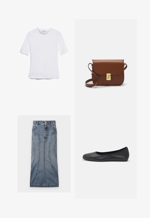 T-shirt de manga curta branca feita de tecido canelado. Decote redondo, ajuste regular e detalhes de costura subtis. Sem padrões ou gráficos.; Sportmax CASA - Saia de ganga - blue azure; Bailarina preta em pele com bico arredondado, textura suave, detalhe de costura minimalista e design de sola flexível.; Bolsa de couro castanho com fecho de aba, decoração em tom dourado, alça de ombro e textura suave. Formato retangular compacto.