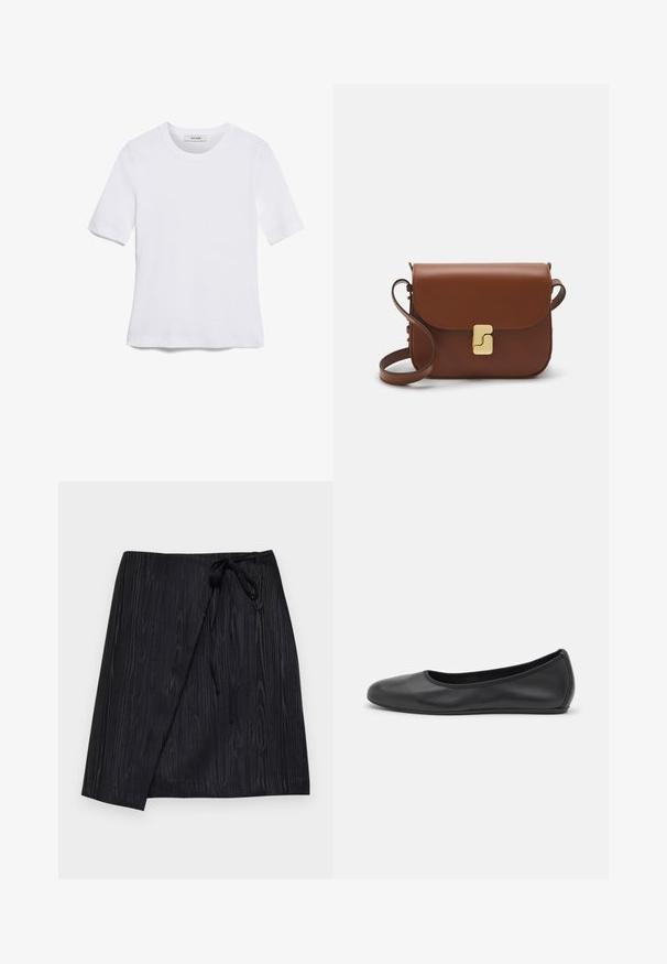 T-shirt bianca a maniche corte realizzata in tessuto a costine. Collo rotondo, vestibilità regolare e dettagli di cucitura sottili. Senza motivi o grafiche.; Gonna avvolgente nera con un motivo a trama legnosa, con chiusura a laccio in vita e silhouette dritta.; Pantofole da balletto nere in pelle con punta arrotondata, texture liscia, dettagli di cucitura minimi e design con suola flessibile.; Borsa a tracolla in pelle marrone con chiusura a pattina, hardware color oro, tracolla e una finitura liscia. Forma rettangolare compatta.