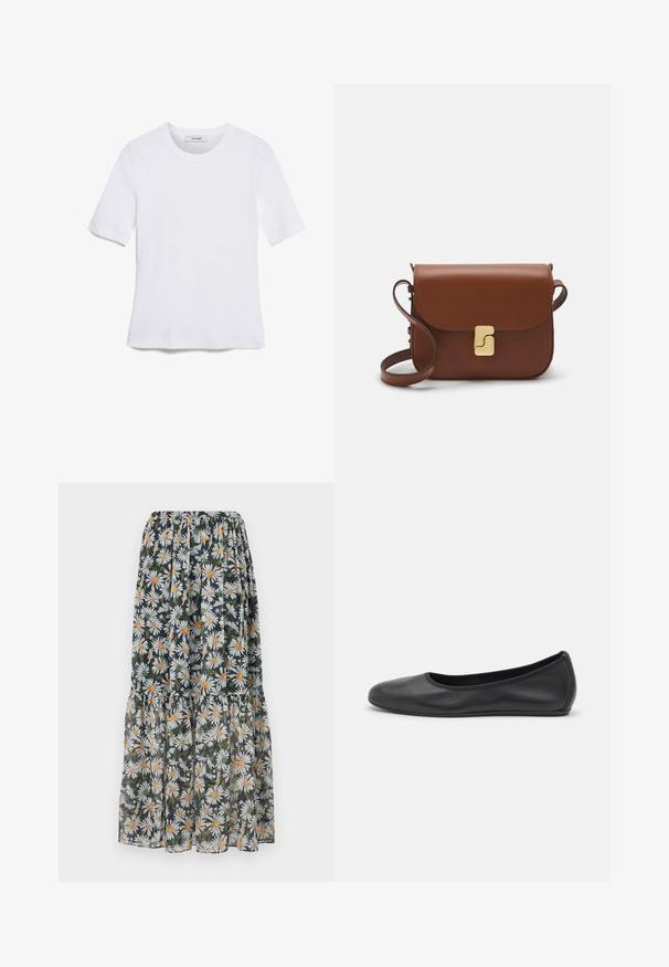 Hvid kortærmet t-shirt lavet af ribbet stof. Rund halsudskæring, almindelig pasform og subtile syninger. Ingen mønstre eller grafik.; Blomster maxi nederdel med en mørk baggrund, hvide tusindfryd og orange midter. Samlet talje og lagdelt design med en gennemsigtig tekstur.; Sort læderballetsko med rund tå, glat tekstur, minimal syning og et fleksibelt såldesign.; Brun læder håndtaske med flaplukning, hardware i gyldent tone, en skulderrem og en glat overflade. Kompakt rektangulær form.