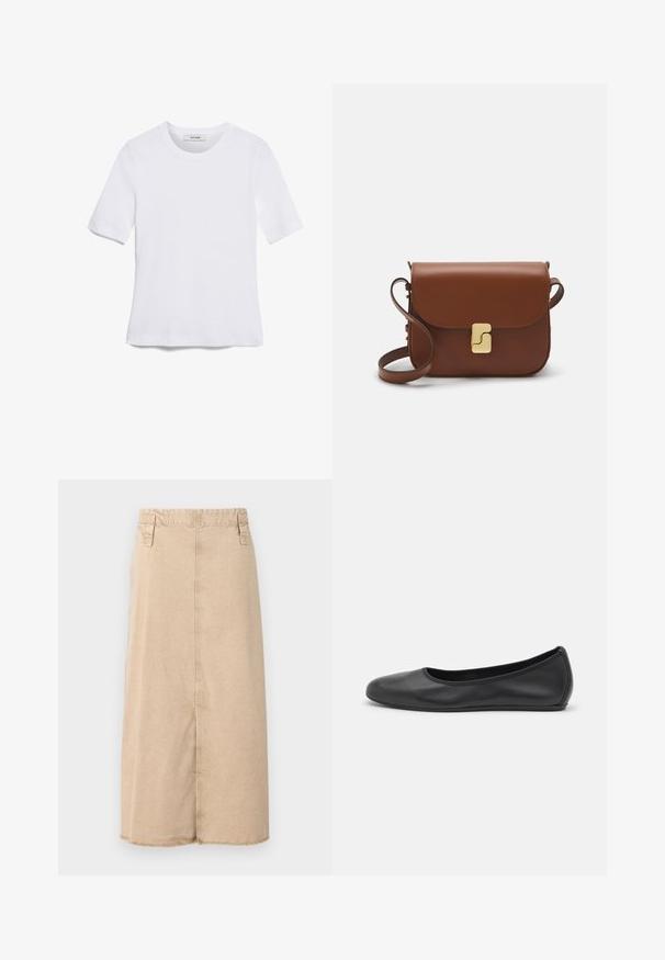 Valge lühikeste varrukatega T-särk ribatud kangast. Ümara kaelusega, tavalisest sobivusest ja peente õmbluse detailidega. Ilma mustrite või graafikateta.; Beež denimsärk, mis ulatub keskmise sääre pikkuseni, frayed hems, kaks külje taskut ja õmblustega detailid vöökohtal.; Musthave mustika tantsutossud mustast nahast, ümmarguse varbaga, siledast tekstuurist, minimaalse õmblusdetailiga ja paindliku tallakujundusega.; Pruunist nahast käekott, millel on klapiga sulgur, kuldne riistvara, õlarihm ja sile tekstuur. Kompaktne ristkülikukujuline vorm.