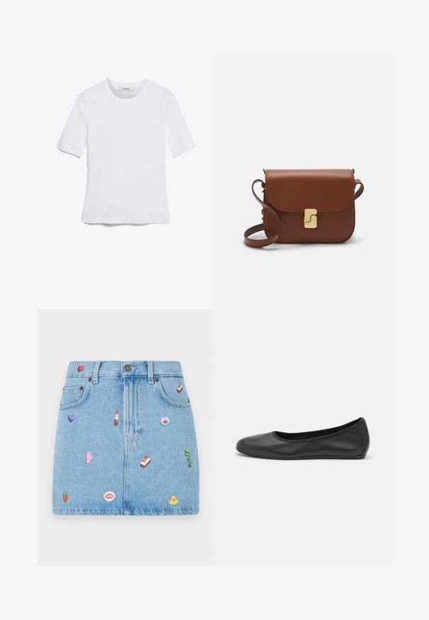 Biela krátka tričko s krátkymi rukávmi vyrobené z rebrovanej látky. Klasický okrúhly výstrih, bežný strih a jemné švy. Bez vzorov alebo grafiky.; Džínová minisukňa, svetlomodrá, s pätimi vreckami, na prednej strane s rôznymi farebnými nášivkami, vrátane sŕdc, pier a dezertov.; Čierne kožené baleríny s okrúhlou špičkou, hladkým povrchom, minimálnym prešívaním a flexibilným dizajnom podrážky.; Hnedá kožená kabelka s klopou, zlatými kovovými prvkami, ramenným popruhom a hladkým povrchom. Kompaktný obdĺžnikový tvar.