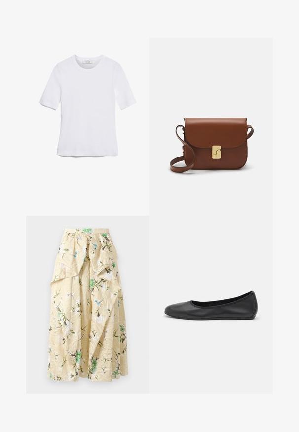 T-shirt blanc à manches courtes en tissu côtelé. Col rond, coupe régulière et détails de couture subtils. Aucune motif ni graphique.; Jupe maxi florale en tissu jaune froissé, ornée de motifs floraux verts et bleus, taille haute et volants superposés pour du volume.; Ballerines en cuir noir avec un bout rond, texture lisse, détails de couture minimalistes et design de semelle flexible.; Sac à main en cuir marron avec une fermeture à rabat, des accents en métal doré, une bandoulière et une texture lisse. Forme rectangulaire compacte.