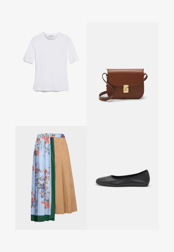 Valkoinen lyhythihainen t-paita, joka on valmistettu ribbytedusta kankaasta. Pyöreä pääntiie, normaali istuvuus ja hienovaraiset ompeluyksityiskohdat. Ei kuvioita tai grafiikkaa.; WEEKEND MaxMara OPEROSO - A-linjainen hame - beige; Musta nahkainen ballerina, jossa on pyöristetty kärki, sileä pinta, minimaalinen ommelkoristelu ja joustava pohjamuotoilu.; Ruskea nahkainen käsilaukku, jossa on läppäkiinnitys, kultasävyiset yksityiskohdat, olkahihna ja sileä pinta. Kompaktin suorakaiteen muotoinen.