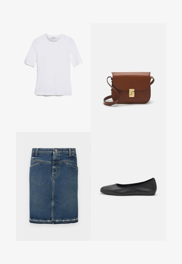 White short-sleeve t-shirt made of ribbed fabric. Round neckline, regular fit, and subtle stitching details. No patterns or graphics.; Denim skirt featuring a classic blue wash, five-pocket design, and frayed hem. Fastens with a front button and zip closure.; Black leather ballet flat with a rounded toe, smooth texture, minimal stitching detail, and a flexible sole design.; Brown leather handbag with a flap closure, gold-tone hardware, a shoulder strap, and a smooth texture. Compact rectangular shape.