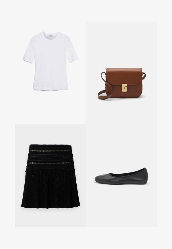 Biela krátka tričko s krátkymi rukávmi vyrobené z rebrovanej látky. Klasický okrúhly výstrih, bežný strih a jemné švy. Bez vzorov alebo grafiky.; Čierna plisovaná sukňa s textúrovaným rebrovaným dizajnom. Obsahuje horizontálne pásy okolo pása s výrezmi. Krátka dĺžka.; Čierne kožené baleríny s okrúhlou špičkou, hladkým povrchom, minimálnym prešívaním a flexibilným dizajnom podrážky.; Hnedá kožená kabelka s klopou, zlatými kovovými prvkami, ramenným popruhom a hladkým povrchom. Kompaktný obdĺžnikový tvar.