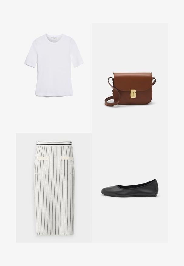 T-shirt blanc à manches courtes en tissu côtelé. Col rond, coupe régulière et détails de couture subtils. Aucune motif ni graphique.; Jupe crayon en maille gris clair avec des rayures verticales foncées, présentant une taille côtelée et deux poches arrière à rabat. Texture lisse.; Ballerines en cuir noir avec un bout rond, texture lisse, détails de couture minimalistes et design de semelle flexible.; Sac à main en cuir marron avec une fermeture à rabat, des accents en métal doré, une bandoulière et une texture lisse. Forme rectangulaire compacte.