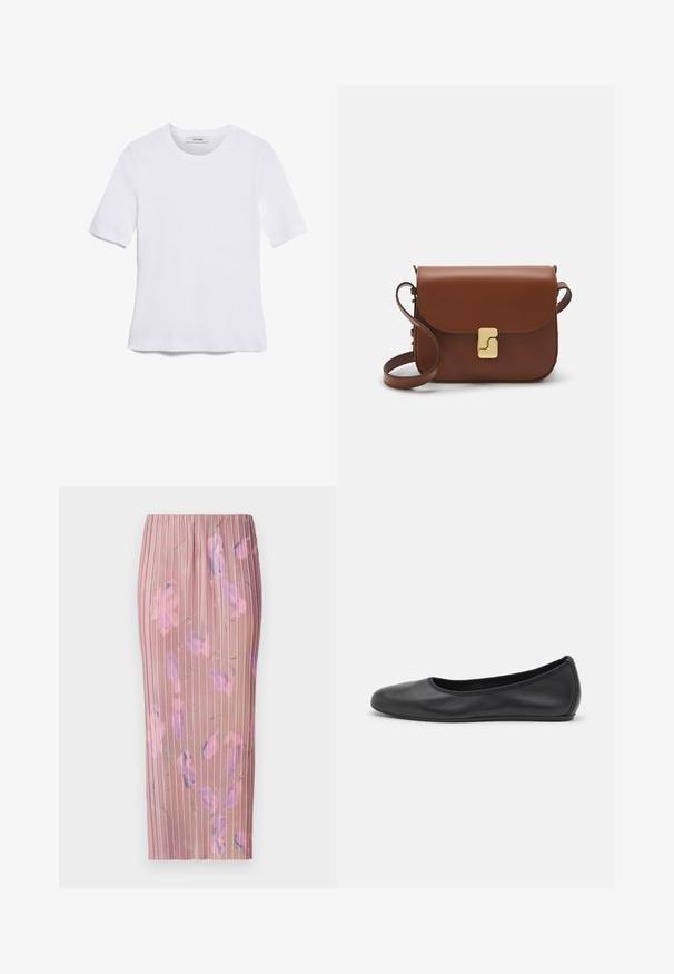 Άσπρο κοντομάνικο μπλουζάκι φτιαγμένο από ριγέ ύφασμα. Στρογγυλή λαιμόκοψη, κανονική εφαρμογή και διακριτές λεπτομέρειες ραφής. Χωρίς σχέδια ή γραφικά.; Πλισέ μίντι φούστα σε απαλό ροζ χρώμα με έντονα λουλούδια σε μοβ και πράσινο. Ελαστική μέση και λεία υφή.; Μαύρο δερμάτινο μπαλαρίνι με στρογγυλή μύτη, λεία υφή, ελάχιστες λεπτομέρειες ραφής και σχεδίαση ευέλικτης σόλας.; Καφέ δερμάτινη τσάντα χειρός με κλείσιμο καπάκι, χρυσές λεπτομέρειες, ιμάντα ώμου και λεία υφή. Συμπαγές ορθογώνιο σχήμα.