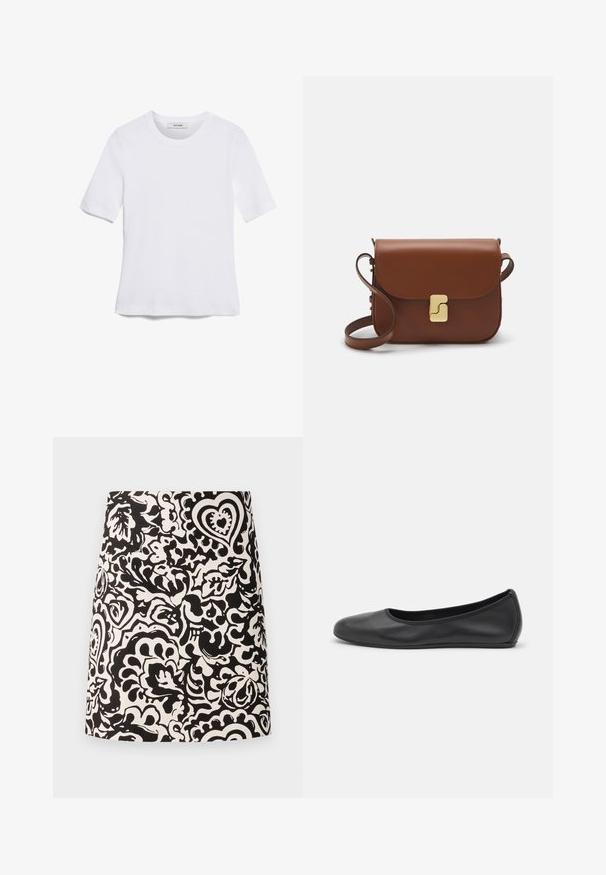 Valkoinen lyhythihainen t-paita, joka on valmistettu ribbytedusta kankaasta. Pyöreä pääntiie, normaali istuvuus ja hienovaraiset ompeluyksityiskohdat. Ei kuvioita tai grafiikkaa.; Mini hame mustavalkoisella kukkakuviolla, joka on valmistettu sileästä kankaasta ja suoran leikkauksen helma. Koristelee pyörteiset kuviot ja sydämet.; Musta nahkainen ballerina, jossa on pyöristetty kärki, sileä pinta, minimaalinen ommelkoristelu ja joustava pohjamuotoilu.; Ruskea nahkainen käsilaukku, jossa on läppäkiinnitys, kultasävyiset yksityiskohdat, olkahihna ja sileä pinta. Kompaktin suorakaiteen muotoinen.