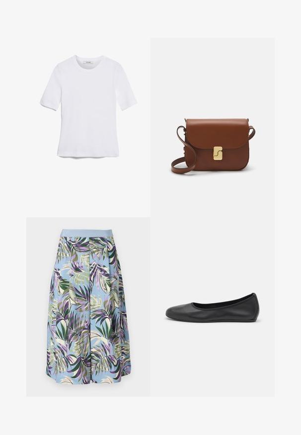 T-shirt de manga curta branca feita de tecido canelado. Decote redondo, ajuste regular e detalhes de costura subtis. Sem padrões ou gráficos.; Uma saia até ao joelho com uma base azul e um vibrante padrão de folhas tropicais em verde, roxo e bege, acabada com uma cintura em azul claro.; Bailarina preta em pele com bico arredondado, textura suave, detalhe de costura minimalista e design de sola flexível.; Bolsa de couro castanho com fecho de aba, decoração em tom dourado, alça de ombro e textura suave. Formato retangular compacto.