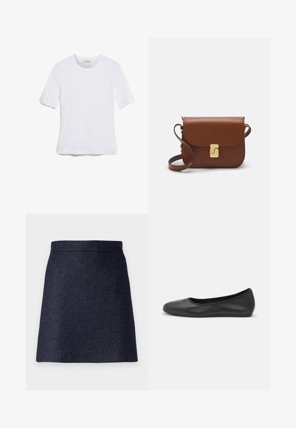 T-shirt bianca a maniche corte realizzata in tessuto a costine. Collo rotondo, vestibilità regolare e dettagli di cucitura sottili. Senza motivi o grafiche.; Gonna mini blu scuro realizzata in un tessuto testurizzato, con una vita pulita e tasche laterali sottili. L'orlo è dritto e rifinito.; Pantofole da balletto nere in pelle con punta arrotondata, texture liscia, dettagli di cucitura minimi e design con suola flessibile.; Borsa a tracolla in pelle marrone con chiusura a pattina, hardware color oro, tracolla e una finitura liscia. Forma rettangolare compatta.