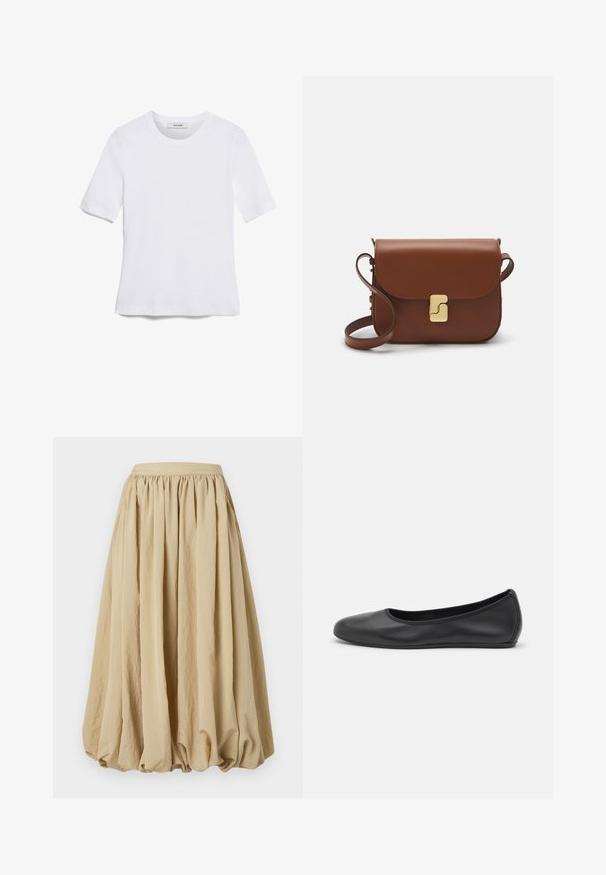 Fehér, rövid ujjú póló ribbed anyagból. Kerek nyakkivágás, normál szabás és diszkrét varrási részletek. Nincsenek minták vagy grafikák.; Beige midi szoknya ráncolt derekú, folyó anyagú és bő szabású, texturált felülettel és finom gyűrődés részletekkel.; Fekete bőr balettcipő lekerekített orral, sima tekstúrával, minimális varrással és rugalmas talp kialakítással.; Barna bőr kézitáska, hajtókás zárással, arany színű fém kiegészítőkkel, vállpánttal és sima felülettel. Kompakt téglalap alakú.