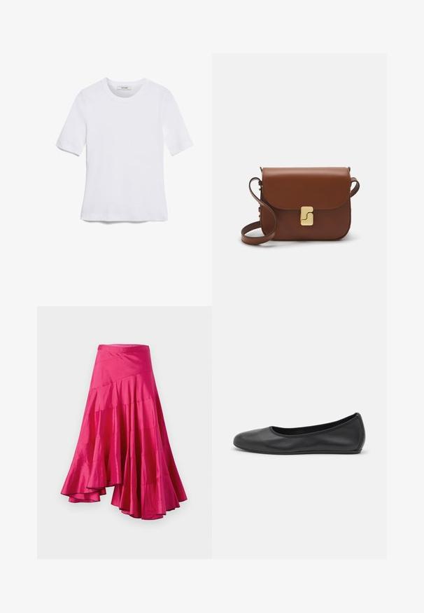 Valkoinen lyhythihainen t-paita, joka on valmistettu ribbytedusta kankaasta. Pyöreä pääntiie, normaali istuvuus ja hienovaraiset ompeluyksityiskohdat. Ei kuvioita tai grafiikkaa.; Magenta satiinihame, jossa on leveä helma, kerrokselliset paneelit ja epäsymmetrinen muotoilu. Silkkinen pinta ja keskipitkä leikkaus.; Musta nahkainen ballerina, jossa on pyöristetty kärki, sileä pinta, minimaalinen ommelkoristelu ja joustava pohjamuotoilu.; Ruskea nahkainen käsilaukku, jossa on läppäkiinnitys, kultasävyiset yksityiskohdat, olkahihna ja sileä pinta. Kompaktin suorakaiteen muotoinen.