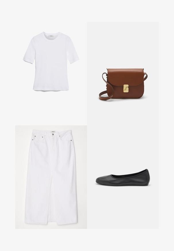 Balta trumpa rankovėmis marškinėliai, pagaminti iš pasiruošusio audinio. Apvali iškirptė, reguliari tinkamumas ir subtilūs siuvimo detalės. Be raštų ar grafikos.; Balta džinsų sijonas su priekinėmis plyšiais, penkių kišenių dizainu, metaline sagtimi ir užtrauktuku, bei siuvinėtais kraštelio detalėmis.; Juodai odiniai baletai su apvaliu pirštu, lygi texture, minimalus siuvimo detales ir lanksčiu padų dizainu.; Ruda odinė rankinė su uždaromu dangteliu, aukso spalvos detalėmis, petneša ir lygiu paviršiumi. Kompaktiška stačiakampio formos.