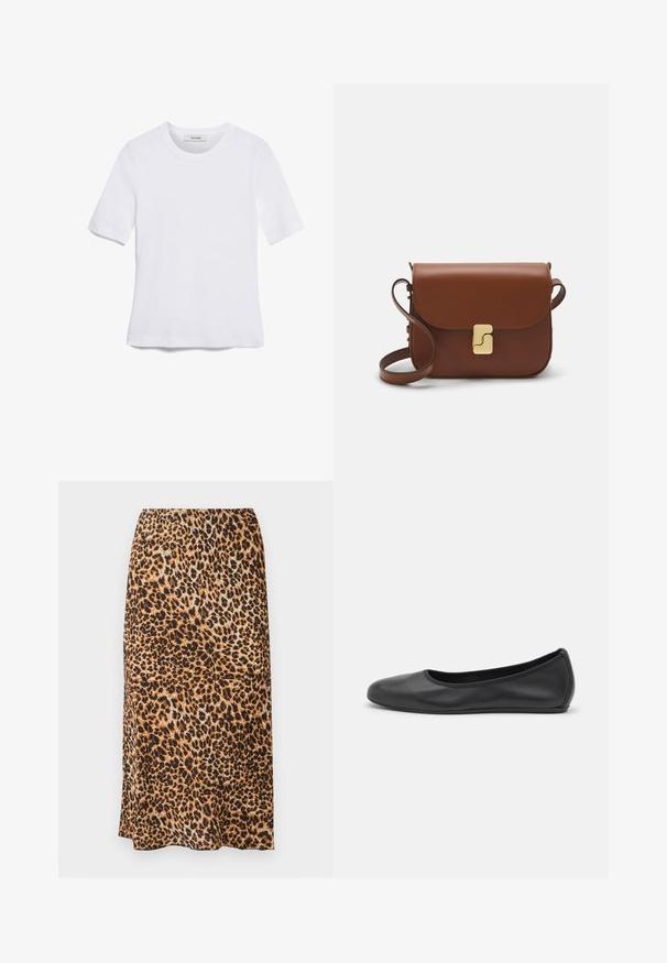 Tricou alb cu mânecă scurtă, confectionat dintr-un material texturat. Gât rotund, tăietură regulară și detalii subtile de cusătură. Fără modele sau grafice.; Fustă midi cu imprimeu de leopard în nuanțe de maro și negru, având o textură fină și o siluetă elegantă, bine croit.; Balerini din piele neagră, cu vârf rotund, textură netedă, detalii de cusătură minimale și un design al tălpii flexibil.; Geantă de piele maro cu închidere tip capac, accesorii de culoare aurie, curea de umăr și o textură netedă. Formă compactă și rectangulară.