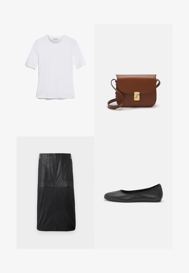 Camiseta de manga corta blanca hecha de tela de canalé. Cuello redondo, corte regular y detalles de costura sutiles. Sin patrones ni gráficos.; Falda lápiz de cuero negra, de longitud media, que presenta una textura suave, detalles de costura vertical y una cremallera lateral discreta.; Bailarina de piel negra con punta redondeada, textura suave, detalle de costura minimalista y diseño de suela flexible.; Bolso de mano de cuero marrón con cierre de solapa, herrajes en tono dorado, correa para el hombro y una textura suave. Forma rectangular compacta.