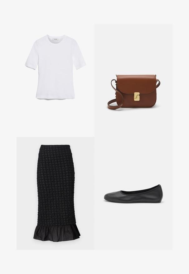 Tricou alb cu mânecă scurtă, confectionat dintr-un material texturat. Gât rotund, tăietură regulară și detalii subtile de cusătură. Fără modele sau grafice.; Fustă creion țesută de culoare neagră, cu un model texturat, tiv evazat și talie netedă, realizată dintr-un material ușor.; Balerini din piele neagră, cu vârf rotund, textură netedă, detalii de cusătură minimale și un design al tălpii flexibil.; Geantă de piele maro cu închidere tip capac, accesorii de culoare aurie, curea de umăr și o textură netedă. Formă compactă și rectangulară.