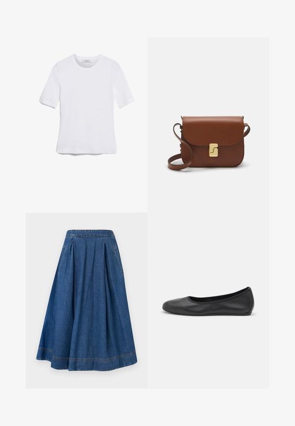 T-shirt blanc à manches courtes en tissu côtelé. Col rond, coupe régulière et détails de couture subtils. Aucune motif ni graphique.; Jupe en denim avec un design évasé, de couleur bleu foncé et des plis. Présente une taille élastique et des poches latérales avec des détails de couture contrastés.; Ballerines en cuir noir avec un bout rond, texture lisse, détails de couture minimalistes et design de semelle flexible.; Sac à main en cuir marron avec une fermeture à rabat, des accents en métal doré, une bandoulière et une texture lisse. Forme rectangulaire compacte.