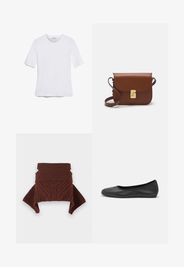 Bela kratka majica s kratkimi rokavi iz rebrastega materiala. Okrogla ovratnica, običajen kroj in subtilni šivi. Brez vzorcev ali grafik.; Rjav pleteni pulover z rebrasto teksturo, strukturiranimi rameni in visokim ovratnikom. Oblikovanje vključuje geometrijske vzorce in spuščene rokave.; Črne usnjene balerinke z zaobljenim nosom, gladko teksturo, minimalnimi šivi in fleksibilno zasnovo podplata.; Rjava usnjena torbica s poklopcem, zlato obarvani okovi, naramnica in gladka tekstura. Kompaktna pravokotna oblika.